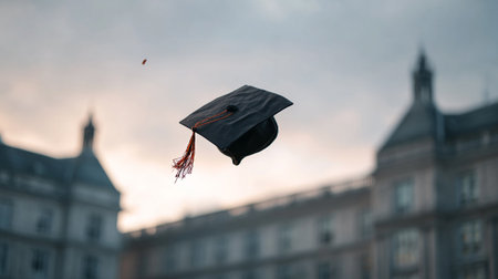 Graduation cap hanging on the roof of a building in Prague, Czech Republicの素材