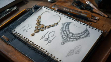 Jewelry and accessories on a wooden table in a studio.の素材