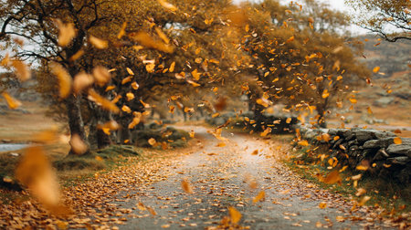 Fallen leaves on the road in the autumn forest. Nature backgroundの素材
