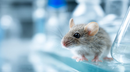 Cute little laboratory rat in glassware, closeup. Animal testingの素材
