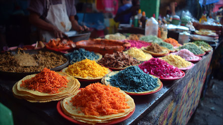Colorful spices and herbs for sale at a street market in Indiaの素材
