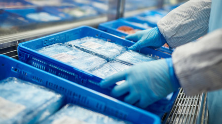 Frozen seafood products in a food factory, close-up.の素材