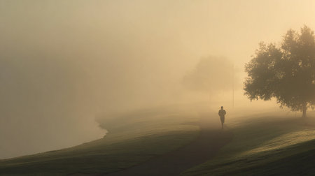 Golfer on the golf course at sunrise. Foggy morningの素材