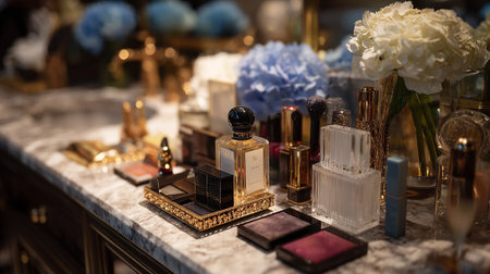 Elegant perfume bottles on the table in a luxury boutique.の素材
