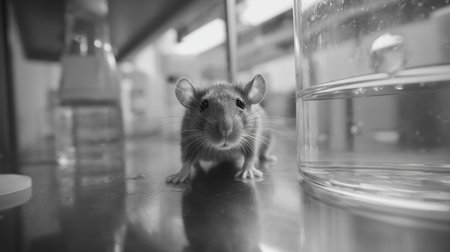 Black and white image of a domestic rat in the laboratory. Black and white photo.の素材