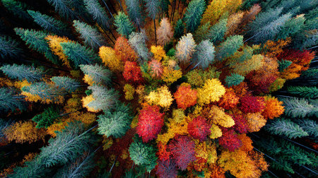Aerial view of autumn forest. Colorful trees in the forestの素材