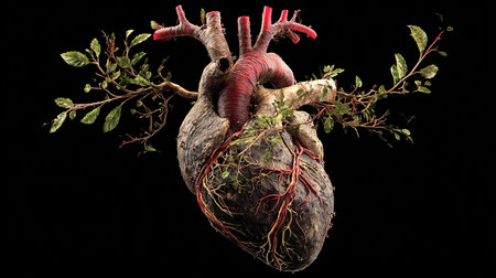 Human heart with veins and arteries isolated on black background. 3d renderの素材