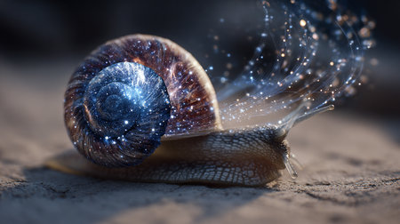 Snail on the ground. 3d illustration. Lens flare.の素材