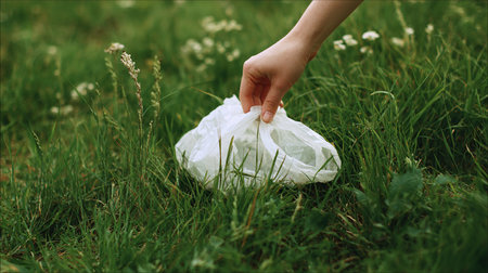 Woman hand picking up plastic garbage bag on green grass. Pollution environment conceptの素材