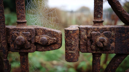 Rusty iron gate with cobwebs and spider web, selective focusの素材
