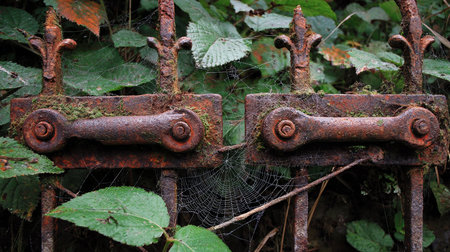 rusty iron fence with cobwebs and spider web in the forestの素材