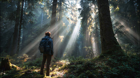Man with backpack standing in a coniferous forest and looking at the sunの素材