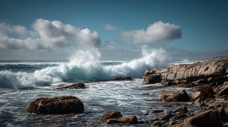 Seascape with waves breaking on the rocks and seagullsの素材