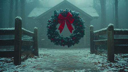 Christmas wreath with red ribbon in front of a wooden fence in the mistの素材