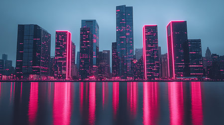 Futuristic cityscape with skyscrapers and reflection in waterの素材