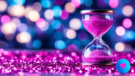 Hourglass with pink sparkles on bokeh lights background.の素材