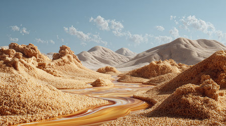 3d render of desert landscape with sand and water. Mixed mediaの素材