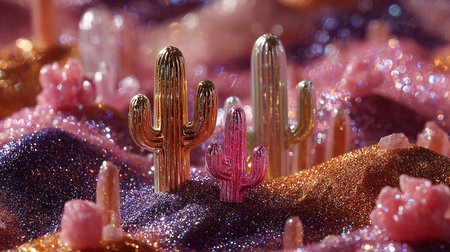 Cactuses on a background of pink and purple sequins.の素材