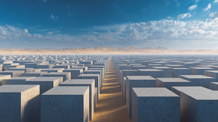 Conceptual 3D business background with concrete cubes in desert.の素材