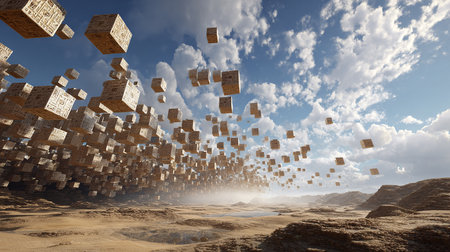 Digital composite of 3D Cubes in the desert against blue skyの素材