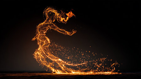 Flaming woman silhouette dancing on the beach at night with fire effectの素材