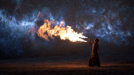 Young woman in old-fashioned dress with torch in hand. Mixed mediaの素材