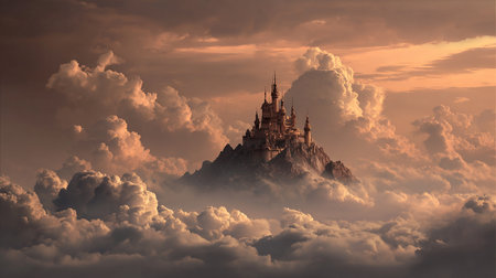 Magic castle in the clouds. 3D render. Fantasy landscape.の素材