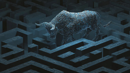 Abstract 3d rendering of low poly bull in labyrinth. Futuristic backgroundの素材