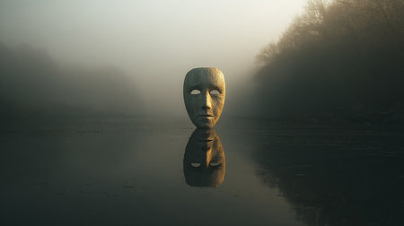 Masks with reflection in a lake in the misty morning.の素材