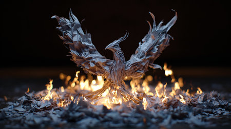 Burning paper bird on a dark background. Conceptual image.の素材
