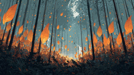 Autumn forest with falling leaves in the foreground. Vector illustration.の素材