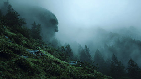 Mountain landscape with fog and a human head in the foreground.の素材