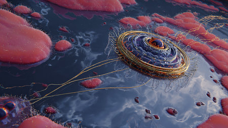 3d illustration of red blood cells with nucleus and nucleus in spaceの素材