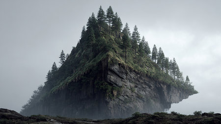 Foggy landscape in the mountains with coniferous trees.の素材