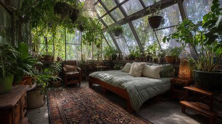 Interior of a green house with plants and furniture, interior designの素材