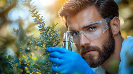 Scientist in protective glasses and gloves examining plants in the garden.の素材