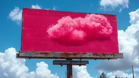 Blank billboard with pink cloud on blue sky background for advertisement.の素材