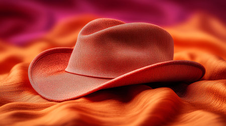Red hat on a background of orange silk. Close-up.の素材