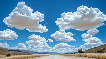 Road in the desert with white clouds and blue sky, California, USAの素材