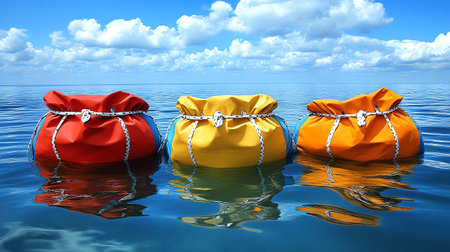 Red, yellow and blue bags on the water. 3D renderingの素材