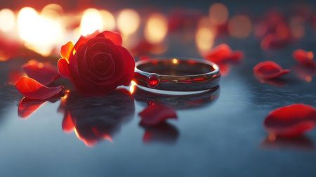 Wedding rings with red rose petals on a dark backgroundの素材
