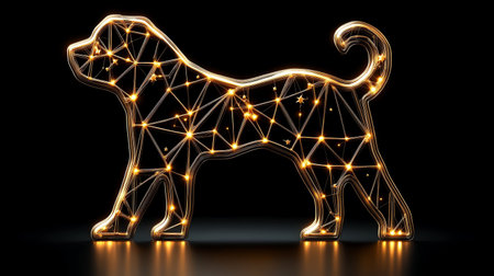 Golden labrador dog with glowing lines on black background. 3d renderingの素材