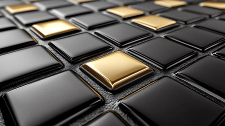 Black and gold metallic square tiles background. 3D render illustration.の素材