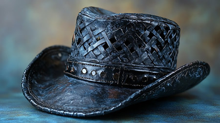 Black cowboy hat on a dark background, close-up, selective focusの素材