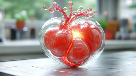 Human heart in a transparent glass vase. 3d rendering.の素材