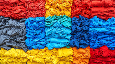 Background of multicolored crumpled clothes, top view.の素材