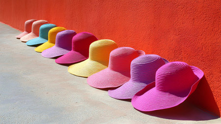 Colorful hats on the wall in a row, closeup of photoの素材