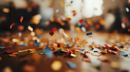 Colorful confetti and tinsel on the floor at a partyの素材