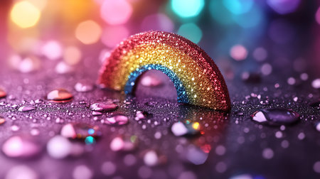 Rainbow with drops of water on a shiny background, close-upの素材
