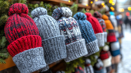 Knitted hats on a Christmas market in the city. Selective focus.の素材